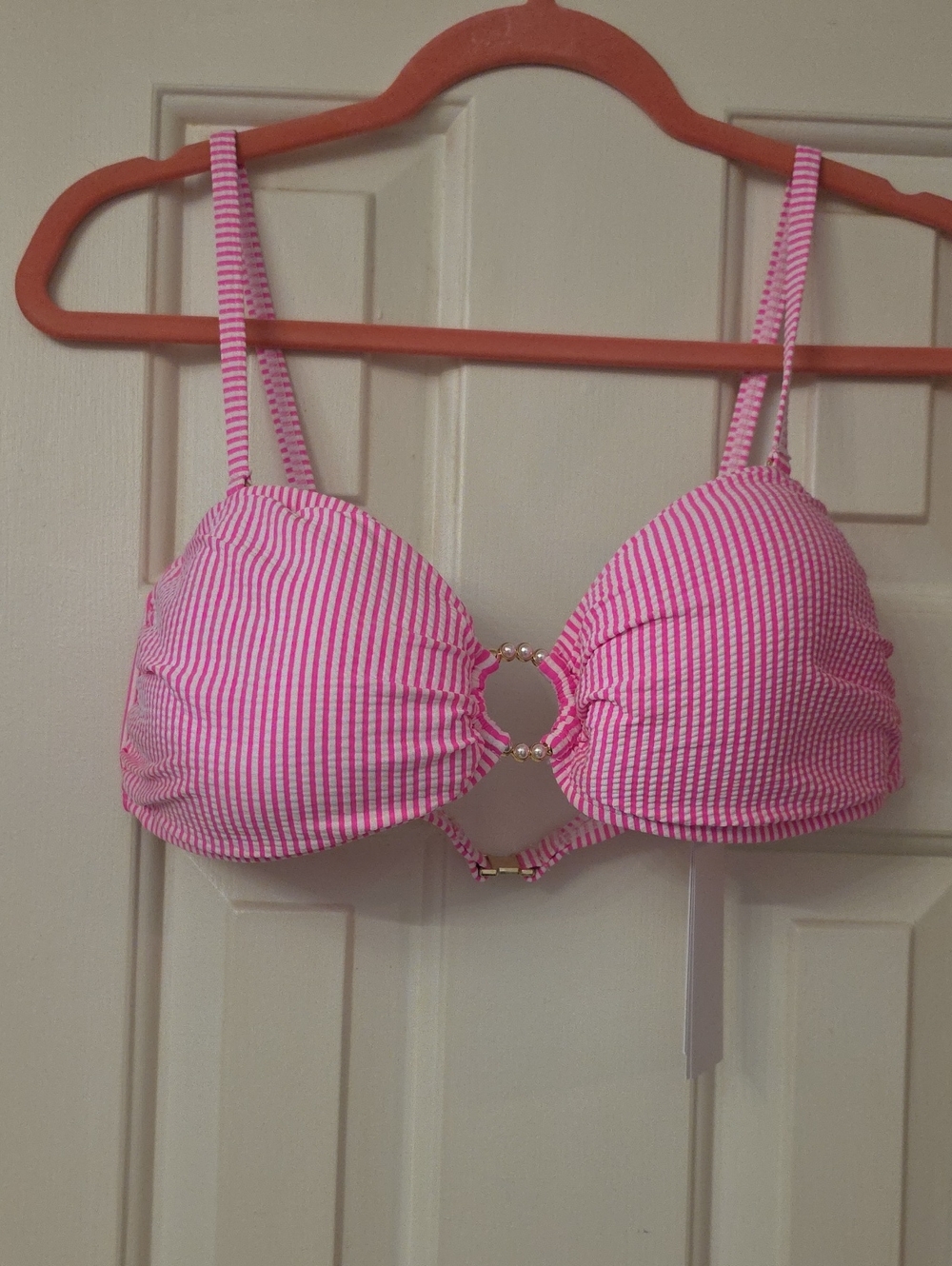 New With Tags Lilly Pulitzer Pink and White Seersucker Ring-Front Bikini Top NWT